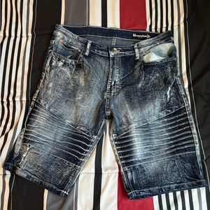 Essentials Mens Washed Black-Blue Distressed Denim Shorts